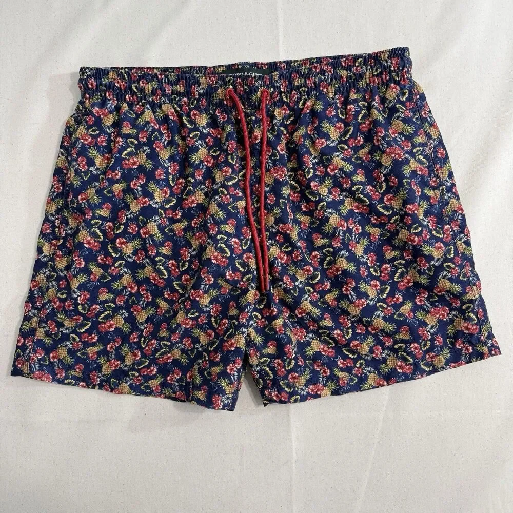 Rodd & Gunn Men’s XL Swim Trunks Navy Pineapple Floral Print Drawstring Shorts